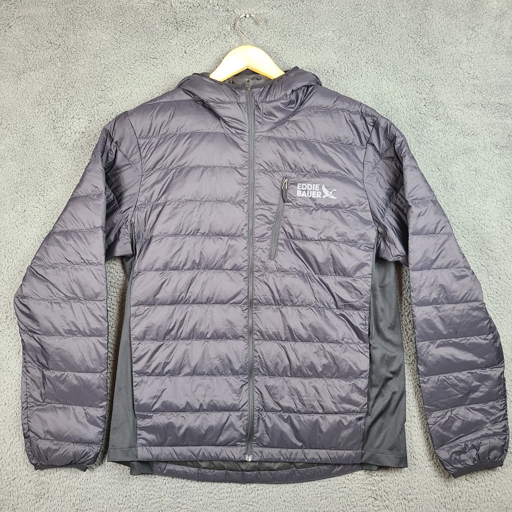 Eddie Bauer Mens 550 Down Hooded Puffer Jacket Black Gray Large 1798833